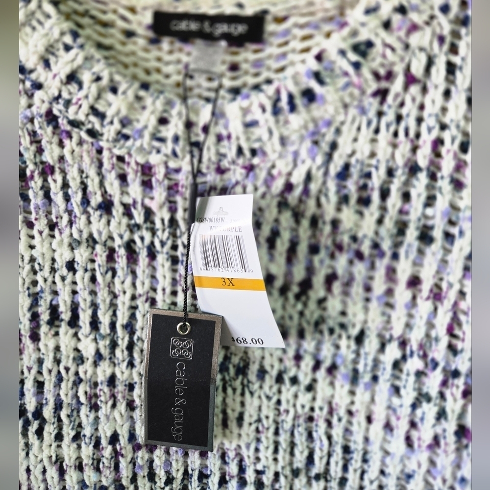 Women’s Cable & Gauge white and purple chunky knit pullover sweater size 3X - Picture 4 of 8